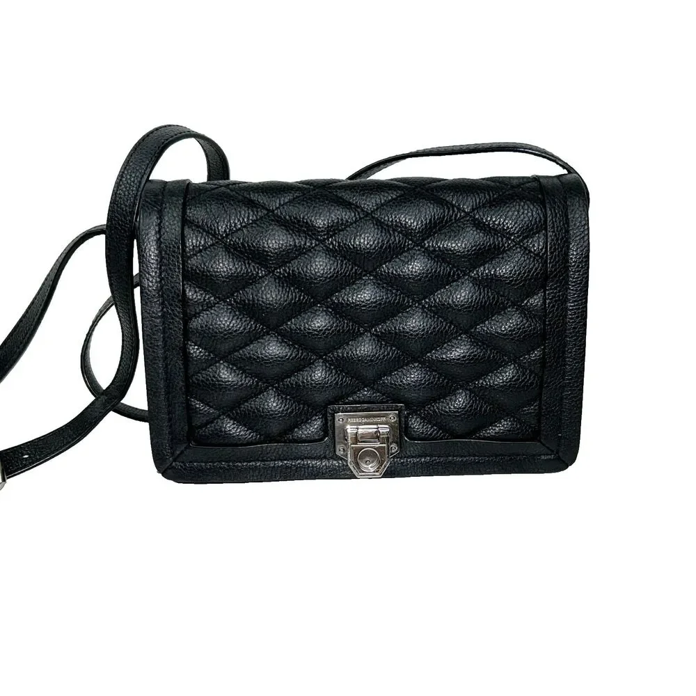 Rebecca Minkoff Black Quilted Front Flap Pebbled Leather Crossbody Bag Silver HW